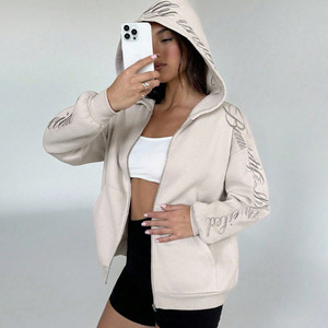 100% algodón corazón secado rápido cómodo hombro caído cremallera con parche recortado francés Terry Jogger bordado cremallera Sudadera con capucha - Product Image 1