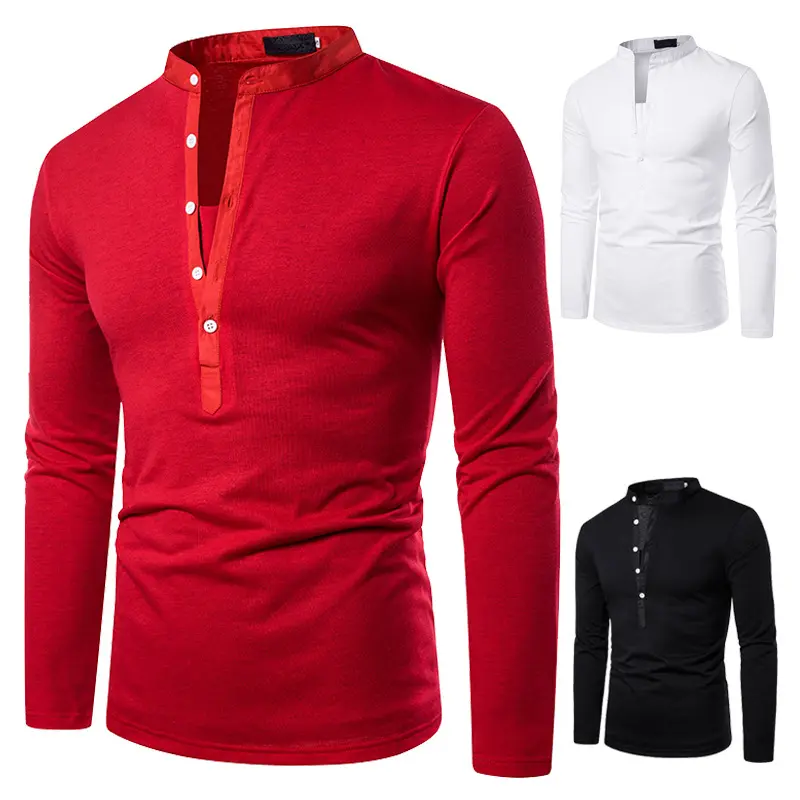 wholesale high quality plain blank t-shirt stand collar men's button shirt polo shirts custom logo long sleeves polo shirt