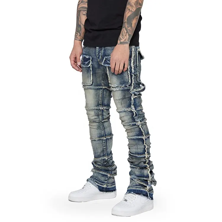 Wholesale Custom New Men's Skinny Denim Pants Stack Vintage Distressed Cargo Jeans Men