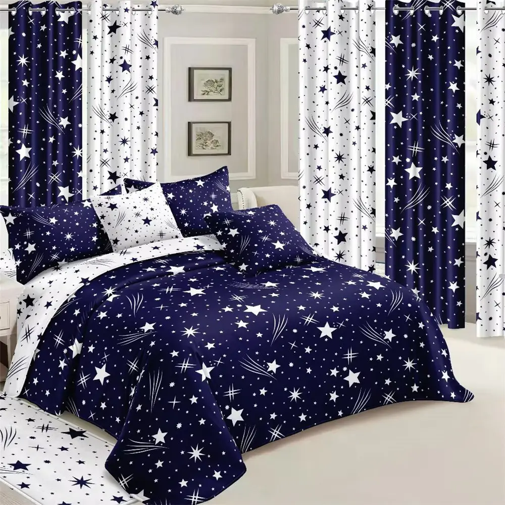 Großhandel Luxus Vorhang Bettwäsche Kollektion Design 6 Stück Bettlaken Bett bezug Bettwäsche-Set mit passenden Vorhang