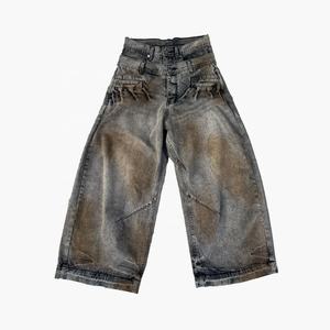Custom Low MOQ Streetwear Dirty Wash Double Waist Baggy <b>Jeans</b> for <b>Men</b> - Product Image 1