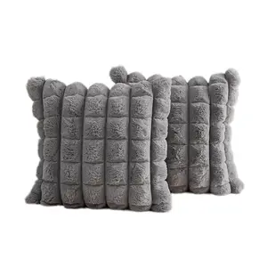 J914 High quality luxury gray faux fur pumpkin stripe pillow cover smooth touch sleeping huggable velvet pillow case