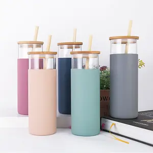 450ml bamboo lid glass water bottles drinking glasses tumbler cups juice tumbler cup glass bottle with bamboo lid and straw