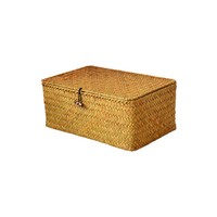 Panier de rangement rectangulaire en jonc de mer tressé, style pastoral, avec sangle à boucle et couvercle plat, pour l'organisation de maquillage et de bijoux