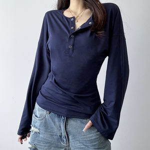 T-shirt pour femme à manches longues en tricot décontracté, couleur unie minimaliste, écologique, respirant, col rond, automne - Confortable et élégant - Product Image 5