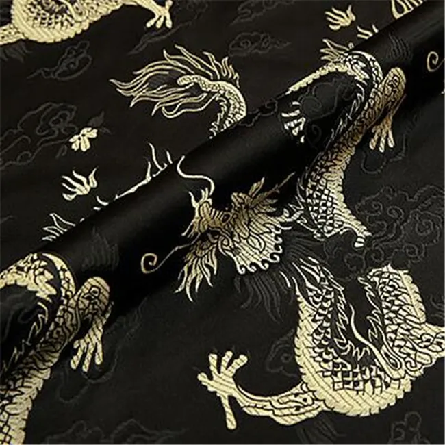 Chinese Pattern Polyester Brocade Fabric Jacquard Dragon Design Black Gold for Cheongsam