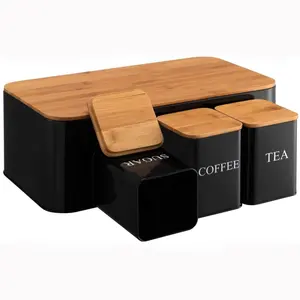 Grande metallo verticale 4 pezzi Set da cucina cestino del pane e contenitori con coperchio di bambù per il negozio - Product Image 3