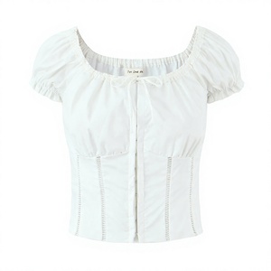 Chemisier court à manches courtes pour femme, blanc uni, 100 % coton popeline, boutonné, respirant, style Prairie Chic, printemps-été, décontracté - Product Image 2