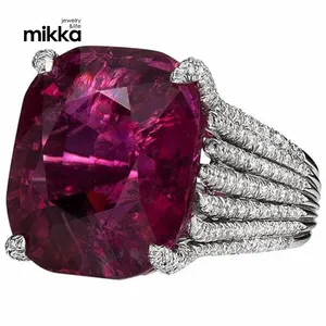 Anel de noivado com pedra roxa, grande anel de tira de prata brilhante de alta qualidade para mulheres e meninas