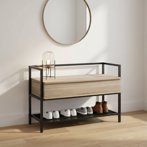 Meuble <span class=keywords><strong>de</strong></span> rangement à <span class=keywords><strong>chaussures</strong></span> en acier industriel avec étagère basculante en chêne pour entrée d'hôtel et salon - Product Image 1