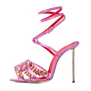 Large Size 45 Wide Fit Summer Women Dress Stiletto Sandals Metal Chain Ankle Strap High Thin Heels Outdoor <b>Shoes</b> Party Pumps - Product Image 2