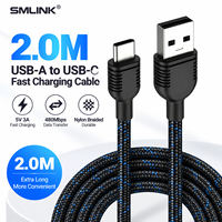 Câble de charge rapide USB-A vers USB-C 2m 5V 3A avec conducteur en cuivre étamé, nylon noir, pour ordinateur, iPhone, batterie externe