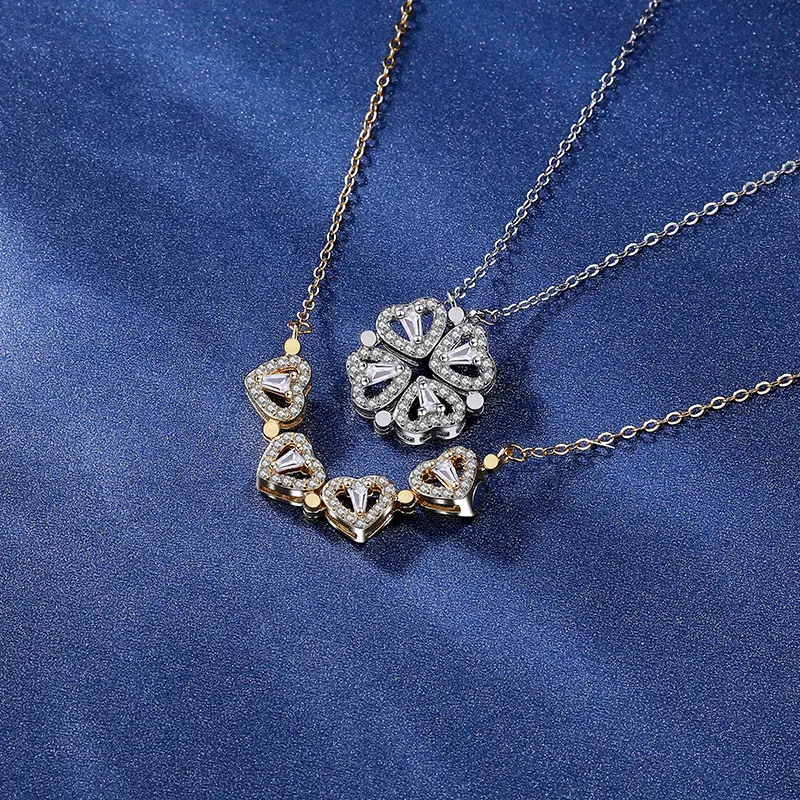 Lateefah OEM 925 Sterling Silver Magnetic Folding Heart Four Leaf Herbs 18K Gold Pendant Women's Open Necklace Jewelry