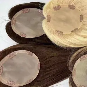 Emeda nóng bán cổ phiếu đầy đủ tay gắn tóc mảnh tóc con người Topper Tóc Giả 6x7 lụa cơ sở toppers cho phụ nữ da trắng
