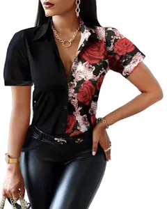 Summer Fashion Print Shirts Women Elegant New Single Breasted Short Sleeve Tops Patchwork Office Lady Casual Blouse Women