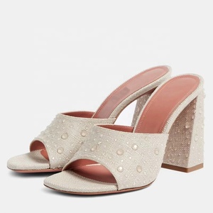 Carré bout ouvert femmes clair strass hauts talons épais Denim tissu sandales bureau dame sans lacet <span class=keywords><strong>jean</strong></span> Mules - Product Image 5