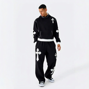 Conjunto Deportivo para Hombre, Diseño Cruzado Negro, Estilo Urbano, Sudadera con Capucha, Manga Larga, Corte Holgado, Cintura Elástica, 100% Algodón, Ropa de Otoño - Product Image 1