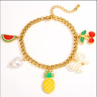 Bracelet à breloques fruits en acier inoxydable plaqué or 18 carats, motif pastèque, pomme, pitaya, pour cadeau ou fête