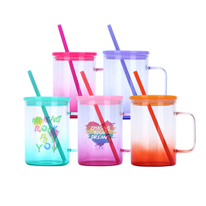 Mỹ Kho 15Oz Trống Thăng Hoa Rõ Ràng Trong Suốt Thạch Màu Thủy Tinh Màu Camper Cốc Cà Phê Với Màu Nắp Và Nắp - Product Image 3