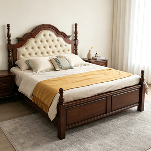 Traditional Upholstered Wooden Bed Frame Queen Size Mahogany Solid Wood Soft Bed with Tufted Headboard and Spindle Posts - Product Image 6