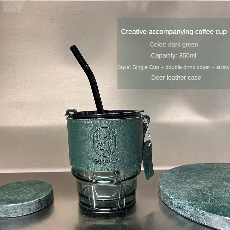 Taza de café de viaje de vidrio con logotipo personalizado de 232 piezas con tapa y pajita resistente al calor taza de té con Funda de cuero