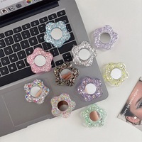 Support de téléphone à motif floral avec miroir, paillettes, adhésif, anneau de maintien, support de bureau télescopique, mode coréenne, vente en gros