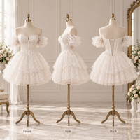 Robe mini pour femme en tulle à sequins, épaules dénudées, manches bouffantes, corsage corset, volants superposés, marque privée