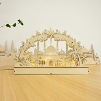 Ornement en bois 3D pour le Ramadan, scène de mosquée peinte, décoration de table Eid Mubarak, décoration de fête islamique musulmane Ramadan Kareem pour la maison