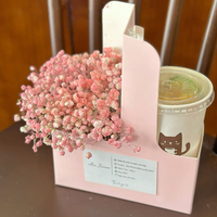 Boîte en papier rose à 2 compartiments avec poignée pour mariage, porte-gobelets et porte-fleurs personnalisés avec logo imprimé