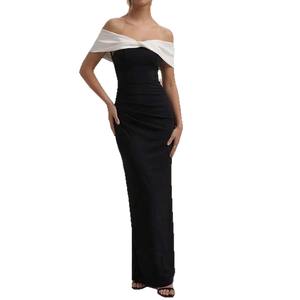 Vestido Maxi de Gasa con Hombros Descubiertos, Bloques de Color Blanco y Negro, Cintura Natural, Ajustado, Elegante, para Fiestas y Clubes - Product Image 2