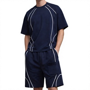 Men's Geometric Stripe T-Shirt and Shorts <b>Set</b> Crew Neck Casual Summer Wear Breathable <b>Knitted</b> Spandex Cotton - Product Image 1