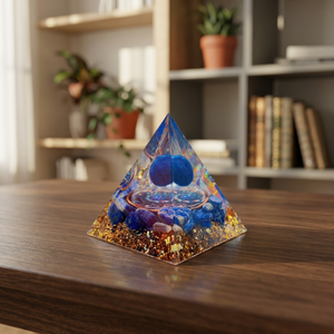 Pyramide d'orgonite en lapis-lazuli faite à la main avec feuille d'or et boule de cristal – Cadeau de décoration pour la maison, méditation et guérison - Product Image 4