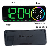 Horloge murale numérique LED électronique moderne avec lumière d'ambiance nocturne colorée, affichage du calendrier et de la température, alimentation USB, pour la maison