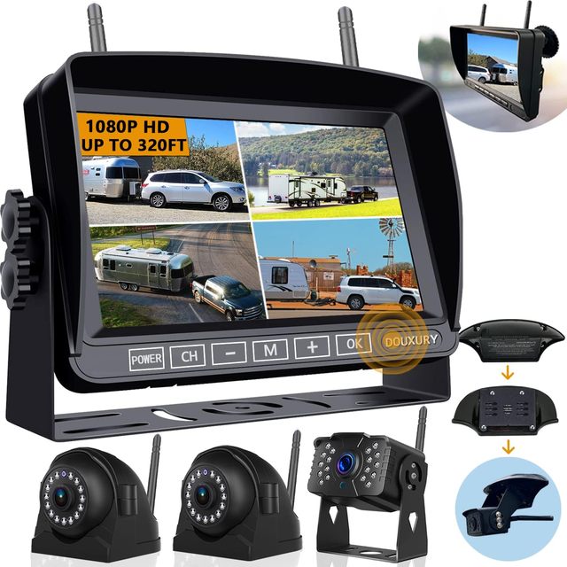 Wireless Backup Camera for RV Truck Trailer 3 Rear/Side View Cameras 1080P 4-Split 7" Screen with Adapter for Furrion Pre-Wired