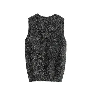 Yaz yeni varış bayan şık Sequins yuvarlak yaka kolsuz yıldız desen kadın kazak katı Knits Tops