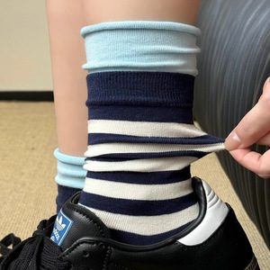 Women's Seamless Striped Mid Calf Socks Cotton Slouch Style Autumn Winter Casual Socks Navy Blue Yellow Coffee Red Green Coffee - Product Image 5