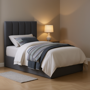 Tête de lit double rembourrée en tissu gris, capitonnée à cannelures verticales, accessoire pour ensemble de chambre à coucher - Product Image 2