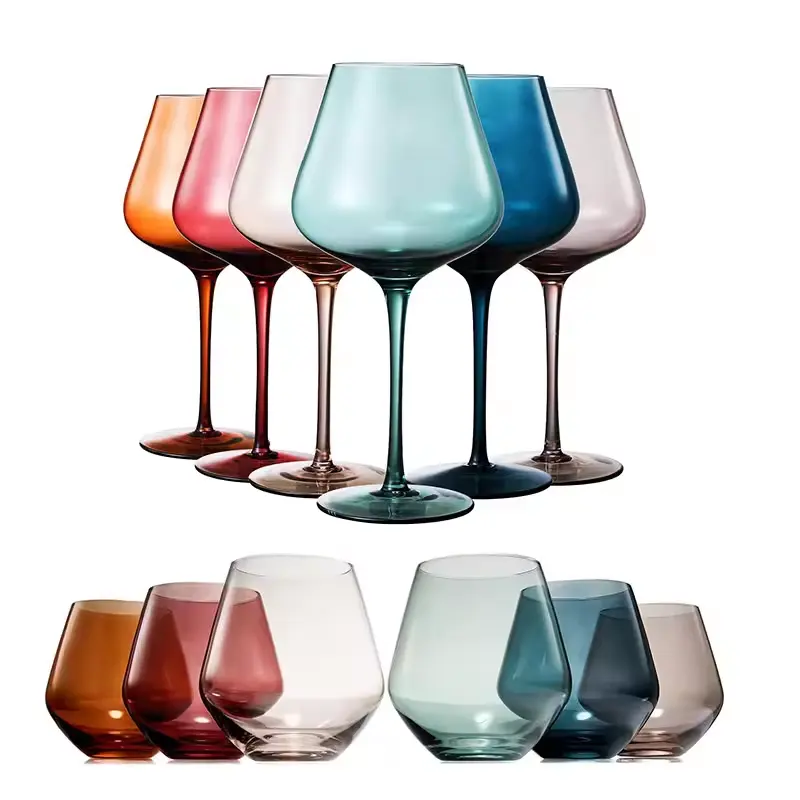 6 adet renkli sıcak satış uzun kök renkli cam cam kırmızı şarap şişesi kadeh seti sapsız şarap kadehi seti hediye için