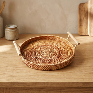 Round Rattan Serving <b>Tray</b> With Bamboo Handles Natural Finish Decorative <b>Basket</b> For Home Use - Product Image 2