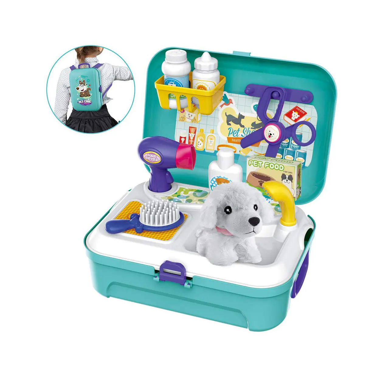 Pet Care Play Set Doctor Kit for Kids 16 Pcs Doctor Pretend Play Vet Dog Grooming Toys Carrier Feeding Dog Backpack Gifts