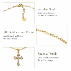 Collier pendentif croix orné en acier inoxydable avec zircone, plaqué or 18 carats sous vide, chaîne réglable, tons or et argent - Product Image 2