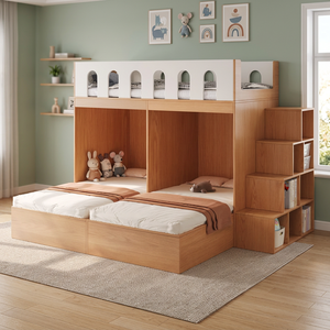 Lit superposé minimaliste en bois, taille twin, avec escalier de rangement pour enfants - Product Image 4