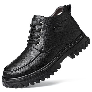 Botas de nieve de invierno para hombre, zapatos informales con cordones de cuero negro, suela gruesa, impermeables, cálidos, con forro de algodón, para personas de mediana edad y mayores - Product Image 5