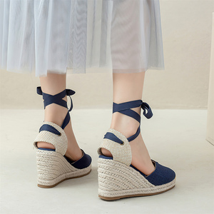 New Arrival Womens <strong>Navy</strong> Linen <strong>Wedge</strong> <strong>Espadrilles</strong> Closed Toe Lace Up Ankle Wrap Woven Straw V Cut Sandals Casual Summer Footwear - Product Image 5
