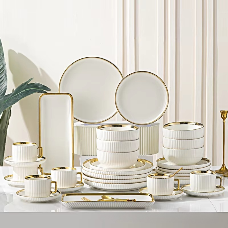 white 32-piece set-striped tableware