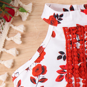 Conjuntos de Ropa de Verano para Niñas, Top Floral con Cuello Halter y Falda Corta Lisa, Manga Larga, Algodón, Mezclilla, Estilos Populares de Boutique - Product Image 3