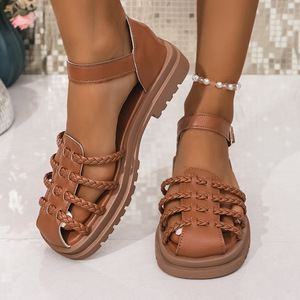Women Summer New Retro Woven Roman Buckle <b>Sandals</b> Thick Sole Hollow Beach Closed-Toe <b>Sandals</b> - Product Image 3