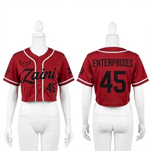 Maillot de baseball court personnalisé pour femme en maille polyester 180 GSM, bordure rouge et blanche, avec logo d'équipe par sublimation - Product Image 1