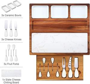 Planche à découper et plateau de service en bois d'acacia et marbre, plateau à charcuterie et à fromage avec tiroir caché, fourchettes, couteaux, bol <span class=keywords><strong>pour</strong></span> pique-nique, cadeau - Product Image 4