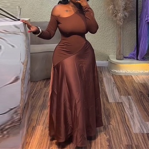 Robes longues trapèze sans bretelles à col asymétrique et taille haute pour femmes, à manches longues, tendance - Product Image 6